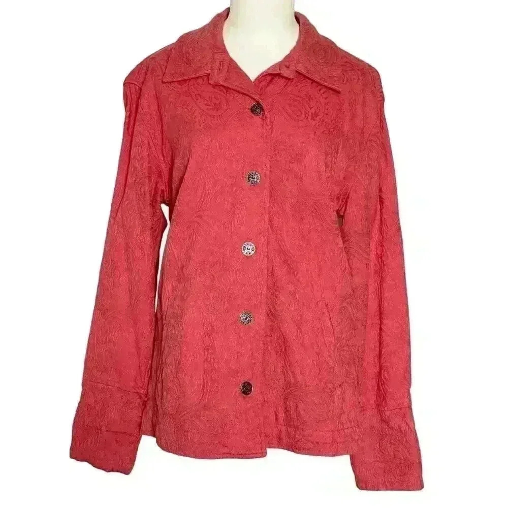 Chico’s Embroidered Coral 100% Cotton Lightweight Jacket Size Medium